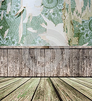 Room interior - vintage wallpaper, wooden floor