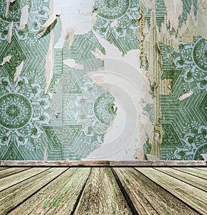 Room interior - vintage wallpaper, wooden floor