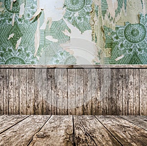 Room interior - vintage wallpaper, wooden floor