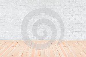 Room interior vintage with white brick wall and wood floor background