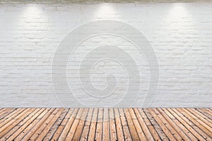 Room interior vintage with white brick wall and wood floor