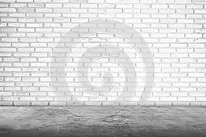 Room interior with white brick wall and concrete floor for background ,blank concrete floor and concrete wall for backdrop montage