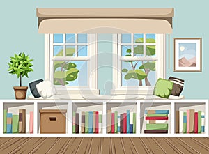 Room interior with a window seat and a bookshelf under the windows. Cartoon vector illustration