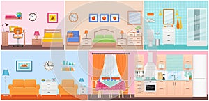 Room interiors. Vector illustration in flat design. Cartoon house.