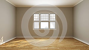 Room with khaki wall, wooden floor, white single hung window.