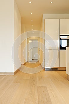 Room with kitchen, long corridor