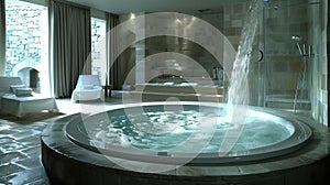 A room with a large jacuzzi in the center and a waterfall as the backdrop