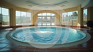 A room with a large jacuzzi in the center and a waterfall as the backdrop