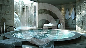 A room with a large jacuzzi in the center and a waterfall as the backdrop