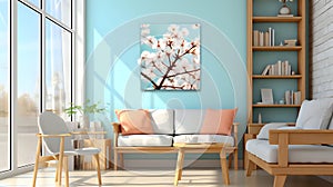 room with a large window, a comfortable white sofa with orange pillows, wooden furniture, a plant, and a cherry blossom