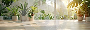 A room with a large window and several potted plants by AI generated image by Generative AI