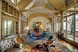 Room with large windows and vaulted ceiling