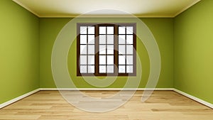 Room with limegreen wall, wooden floor, wide casement window in the center.