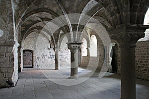 room in a medieval abbey at le mont-saint-michel in normandy (france)