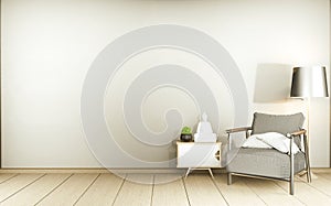 Room Modern Zen living room interior, white sofa and decor Japanese style on room white wall background. 3d rendering