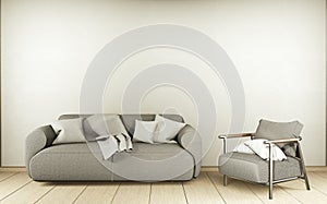 Room Modern Zen living room interior, white sofa and decor Japanese style on room white wall background. 3d rendering