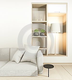 room Modern Zen living room interior, white sofa and decor Japanese style on room white wall background. 3d rendering