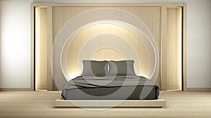 Room Modern zen peaceful Bedroom. japan style bedroom with shelf circle wall design hidden light and decoration japanese style. 3D