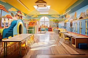 A Room With Multiple Tables and Chairs for Group Gatherings and Events, A vibrant kindergarten classroom full of enthusiastic