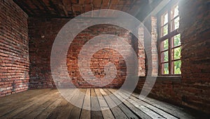 A room with a old red brick wall and natural wooden floor.