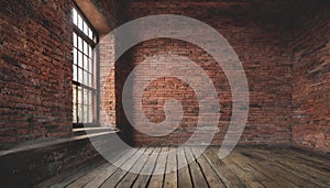 A room with a old red brick wall and natural wooden floor.