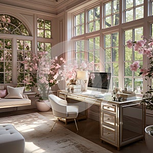 A room that oozes opulence, with colors of pink, white and forest green. photo
