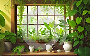 Room with open windows.Lots of plants.Green Garden
