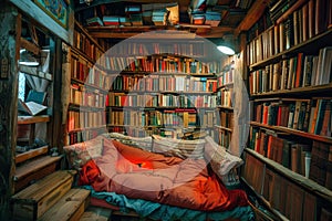 A room overflowing with books and a comfortable bed in a cozy reading nook, A cozy reading nook surrounded by towering book stacks