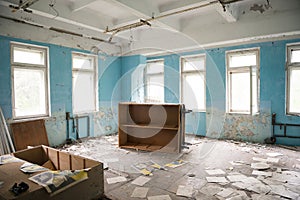 Room with overturned furniture in ruin in forsaken Pripyat