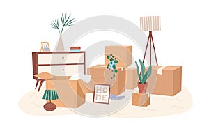 Room with packed cardboard boxes with personal stuff, plants, home decoration and furniture. Relocation concept. Colored