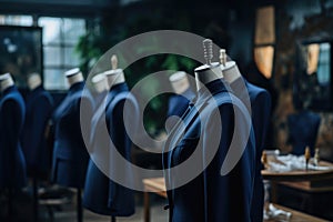 A room packed with mannequins dressed in various suits and jackets, Dark blue suits on a mannequin in the atelier, AI Generated