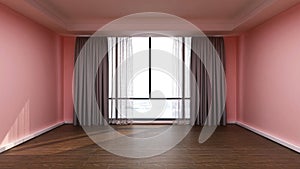 Room with the pastel pink wall, wood floor, wide panoramic window and gray curtain.