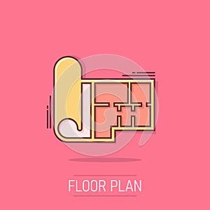 Room plan icon in comic style. Blueprint cartoon vector illustration on isolated background. House project splash effect business