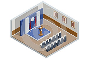 Room for press conferences. Isometric stand for press conference with microphones, equipped place for the speaker in