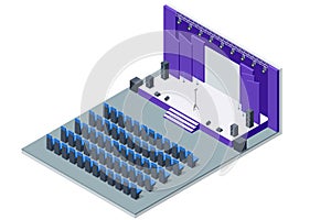 Room for press conferences. Isometric stand for press conference with microphones, equipped place for the speaker in