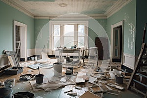 a room, in the process of being painted and papered, with tools and materials scattered on the floor