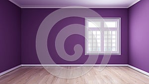 Room with purple wall, wooden floor, white wide casement window.