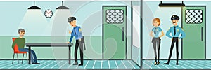 Room for questioning a suspect in a police station, policemen at work, police department interior vector Illustration in