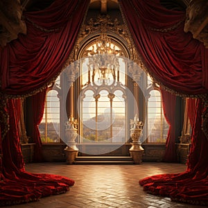 a room with red curtains and a large window