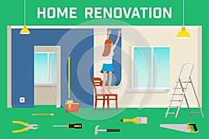 Room repair in home. Interior renovation in apartment and house. Flat style vector illustration.