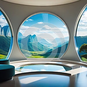 A room with round glass window overlooking beautiful landscape background Hotel futuristic showroom with modern