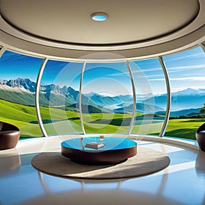 A room with round glass window overlooking beautiful landscape background Hotel futuristic showroom with modern