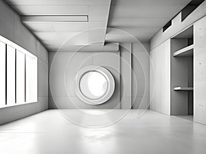 a room with a round window and a white floor