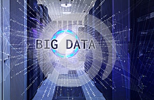 Room with rows of modern supercomputers in data center Big data visualization. Fractal element with lines and dots array