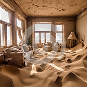 Room with a sandy floor, blown away by a gust of wind, AI-generated.