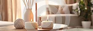 Room Scent, Fragrance Sticks, Aromatic Candles, Air Reed Freshener on Table in Living Room