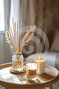 Room Scent, Fragrance Sticks, Aromatic Candles, Air Reed Freshener on Table in Living Room