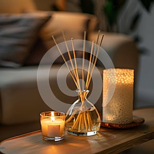 Room Scent, Fragrance Sticks, Aromatic Candles, Air Reed Freshener on Table in Living Room
