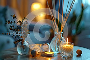 Room Scent, Fragrance Sticks, Aromatic Candles, Air Reed Freshener on Table in Living Room