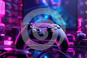 Room with screen with video game and gaming pad controller, created using generative ai technology